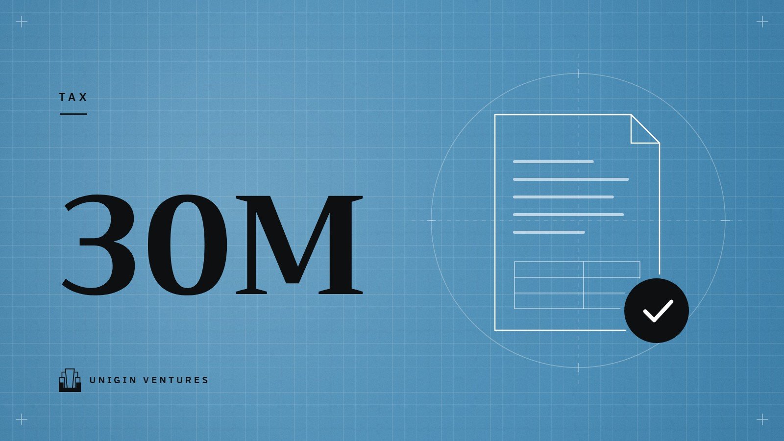 A large 30M on a blue grid beside a line drawing of a document with a black check mark