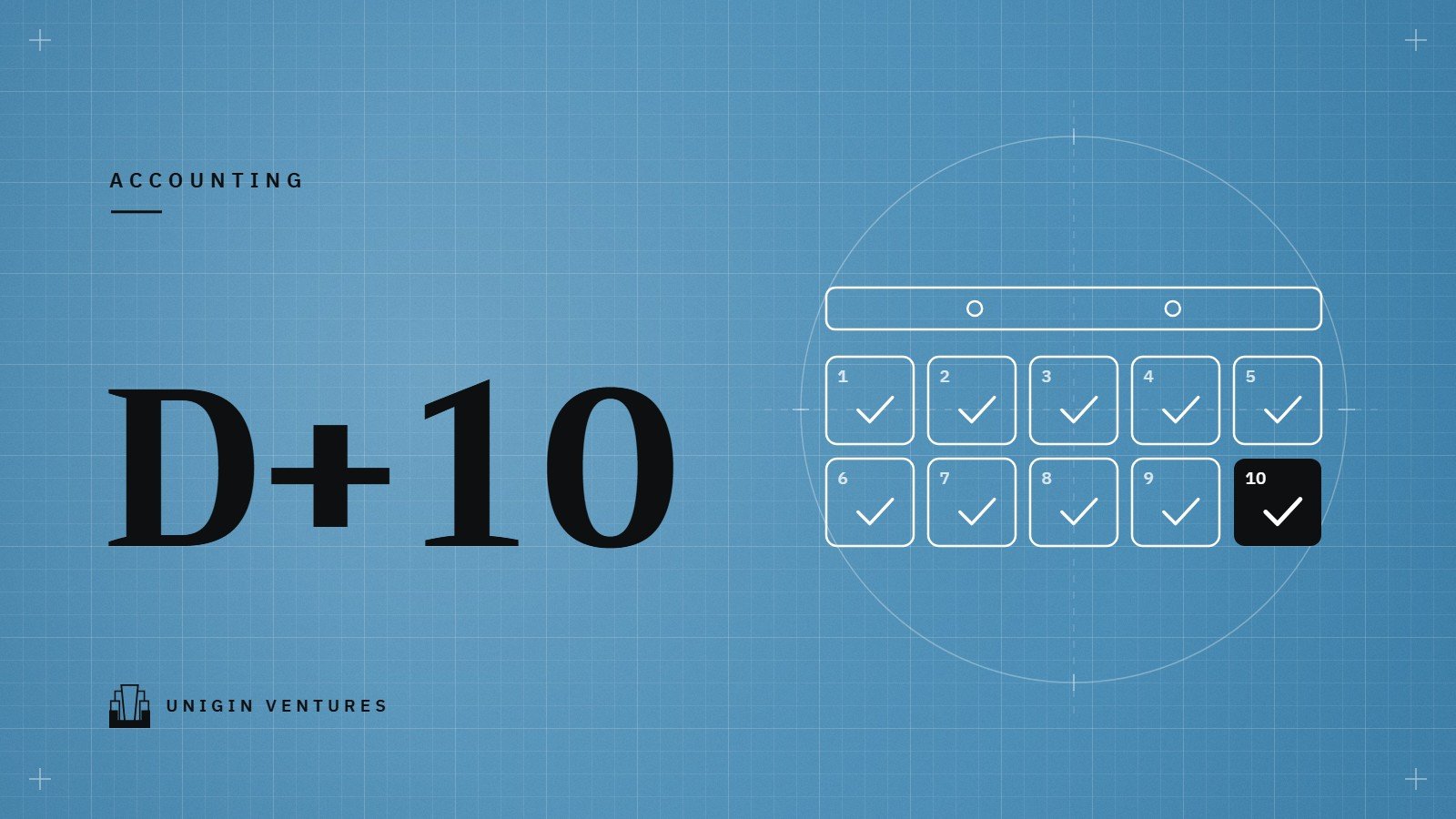 Large text D+10 on a blue grid beside a ten-day calendar with every day ticked and the last day highlighted