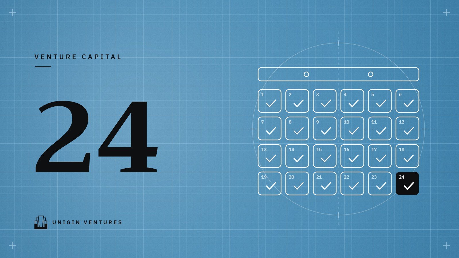 The number 24 in large type on a blue grid beside a line drawing of a calendar whose last square is black