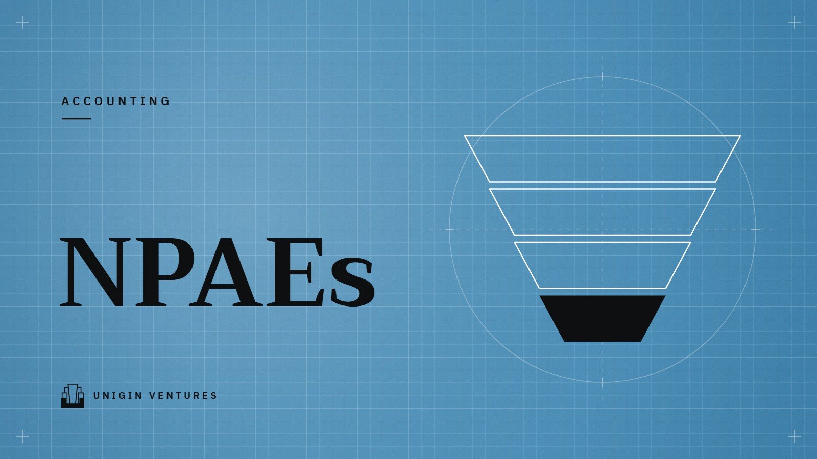 ตัวอักษร NPAEs ขนาดใหญ่บนพื้นฟ้าลายตาราง ข้างแผนภาพกรวยที่คัดกิจการออกทีละชั้น