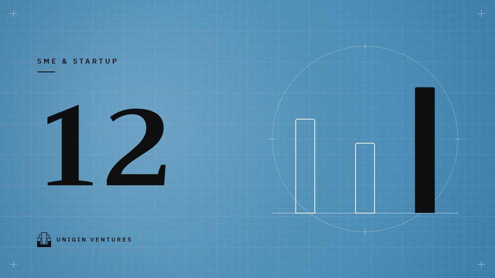 A large 12 on a blue grid beside three bars, the rightmost in black