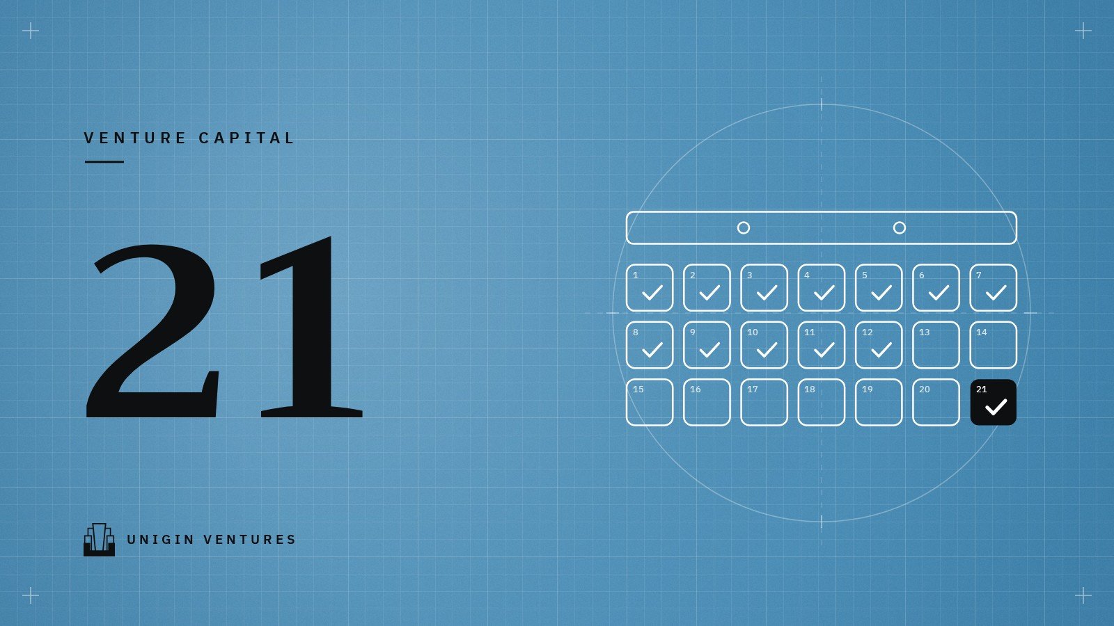 The figure 21 in large type on a blue grid beside a line drawing of a 21-cell calendar with cells 1 to 12 checked and cell 21 filled in black with a check mark
