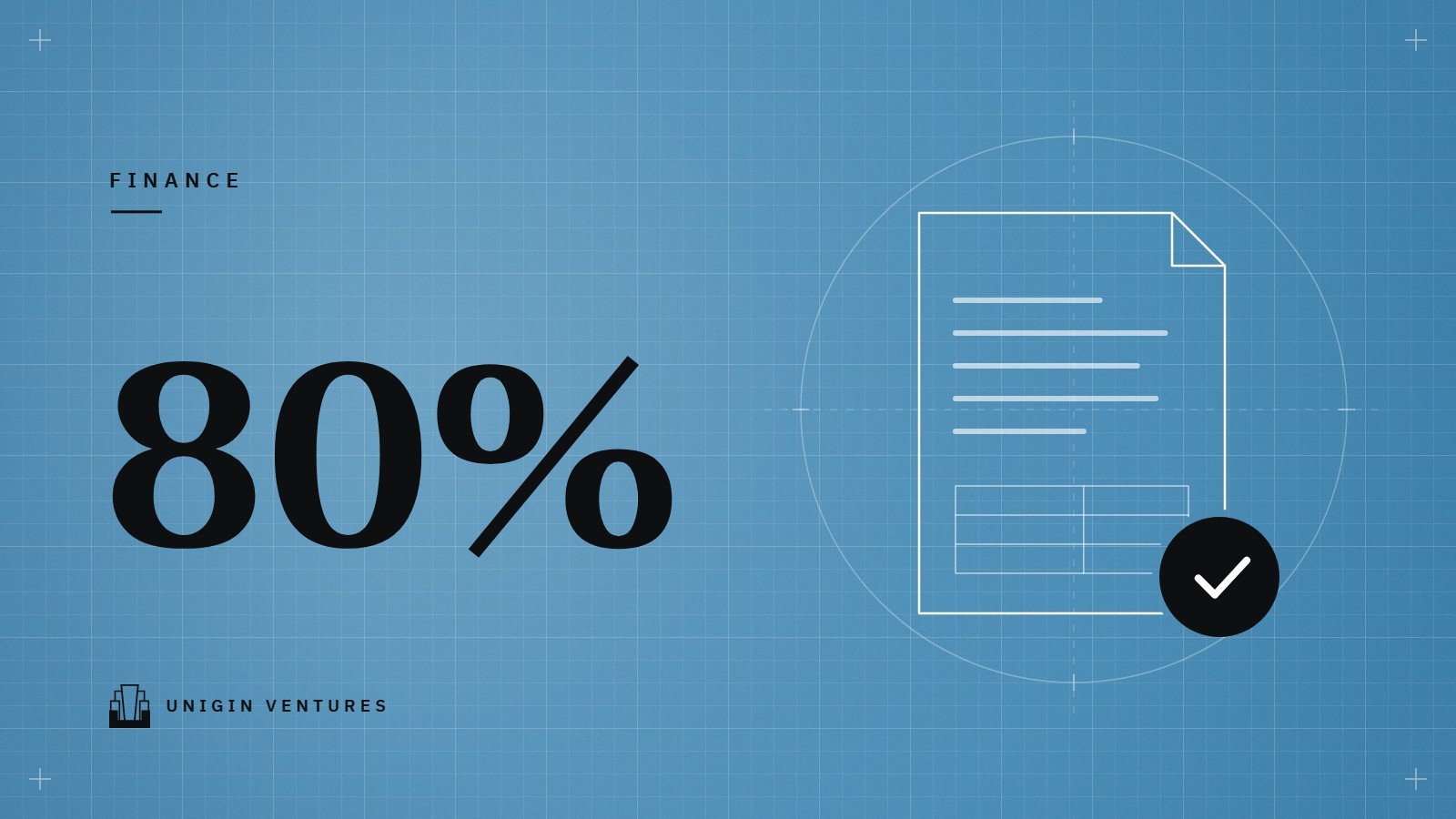 A large 80% on a blue grid beside a line drawing of a document with a check mark in a black circle