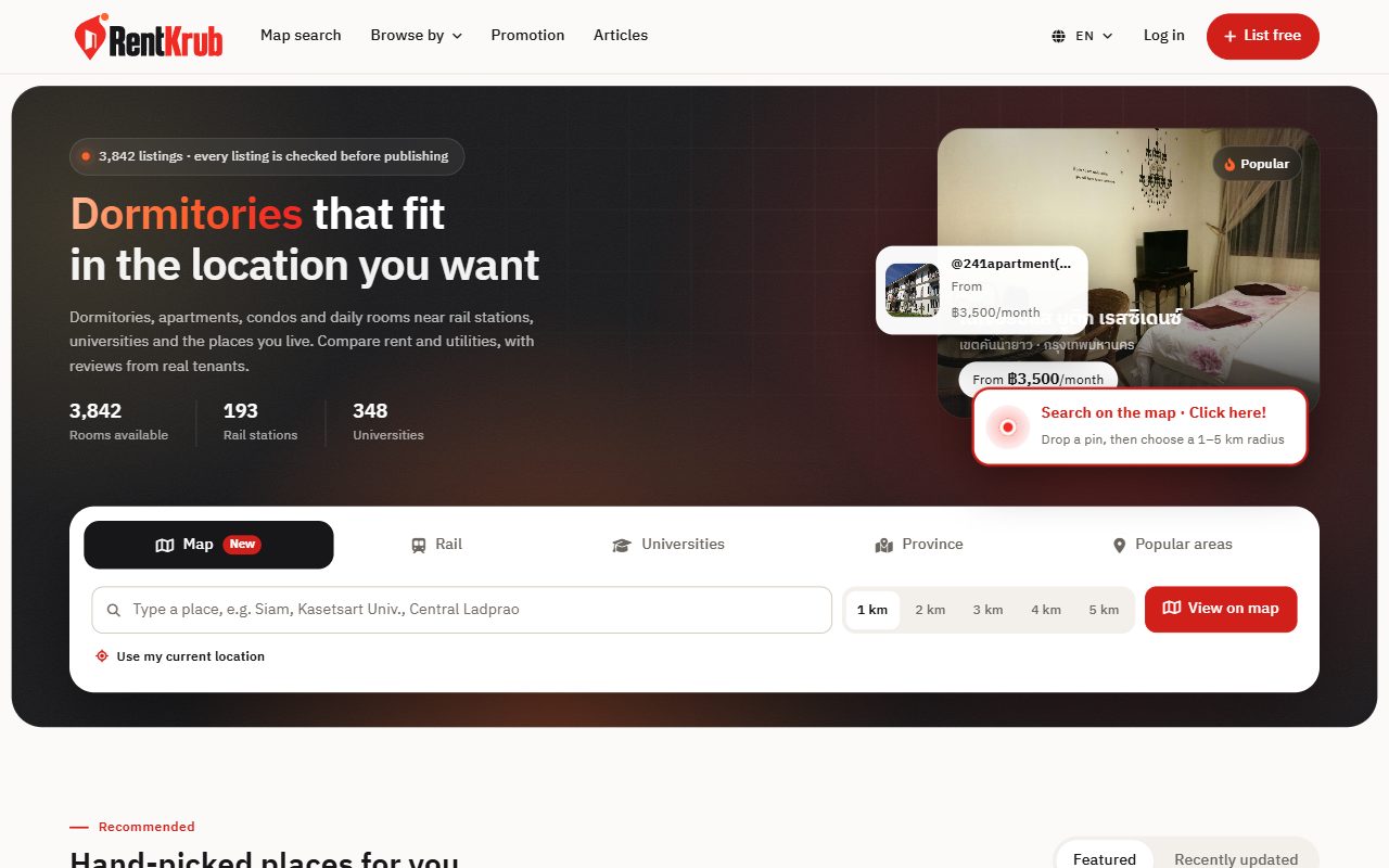 The RentKrub home page, headed Dormitories that fit in the location you want